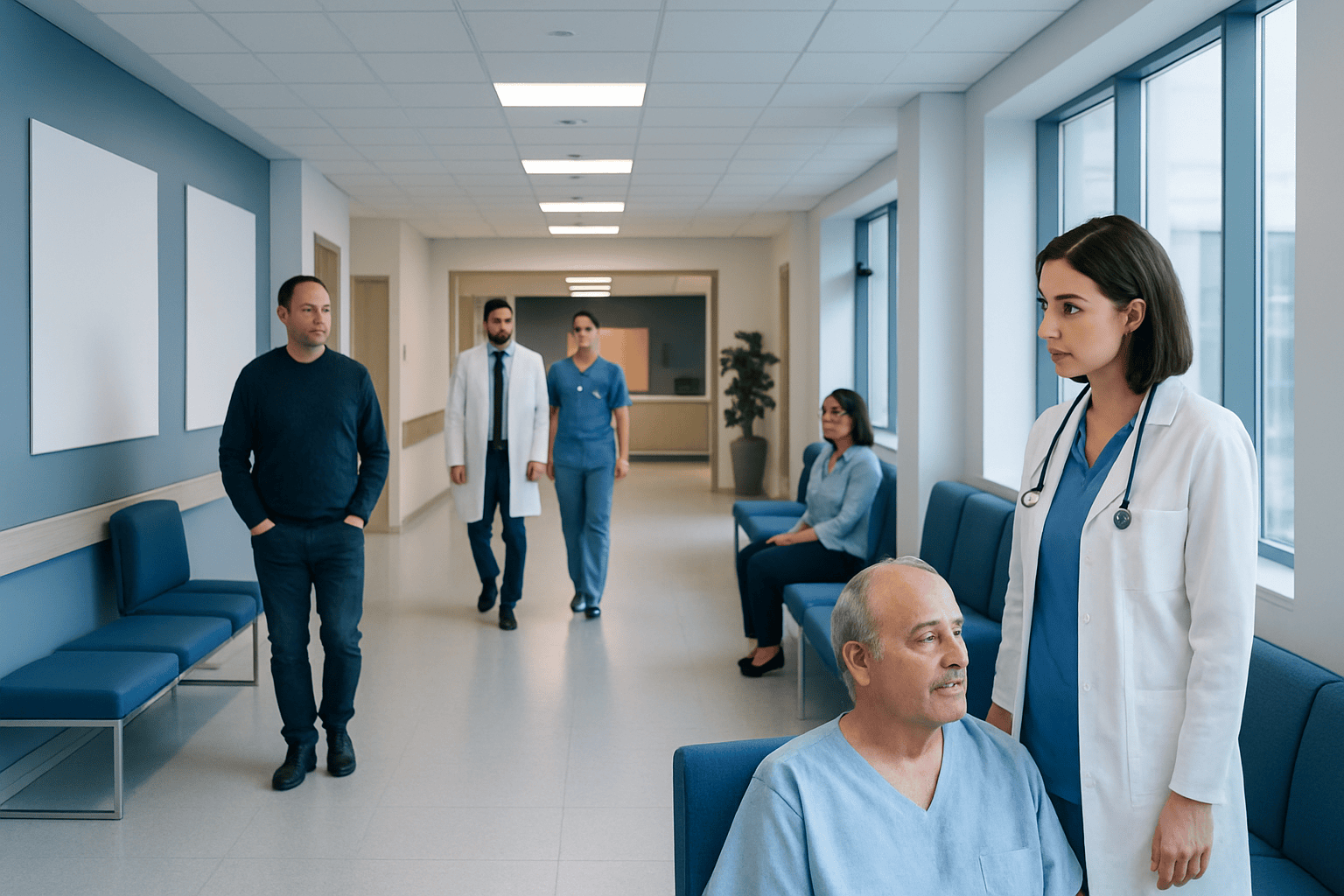 Medical team and patient in hospital corridor at Acibadem Hospitals Group.