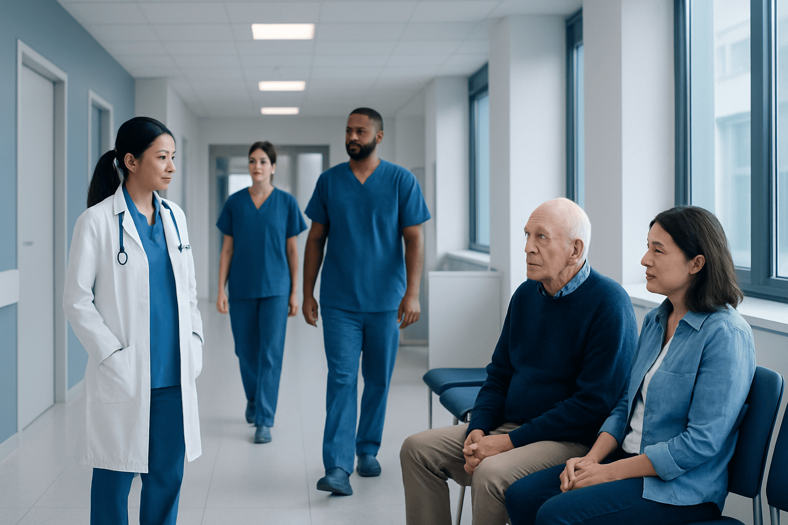 Medical team consulting with elderly patient in hospital corridor.