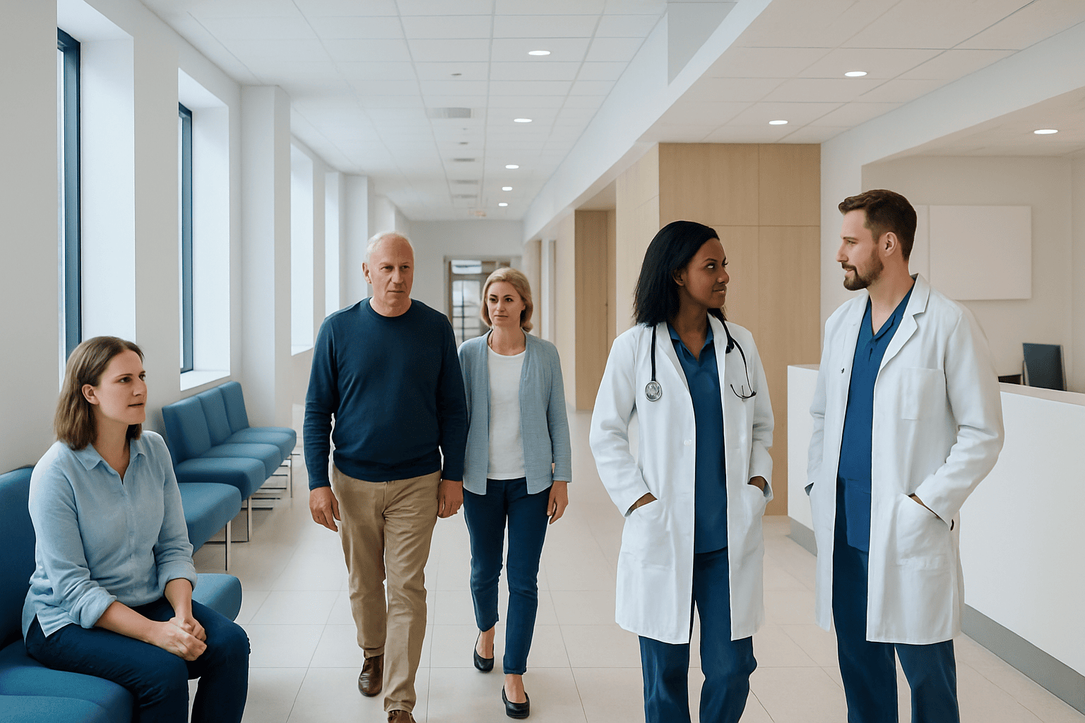 Medical team consulting with patients in a hospital corridor.