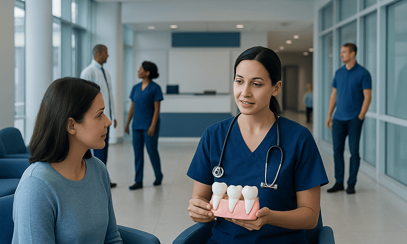 Dental professional explaining dental bridge options to a patient in a modern clinic.