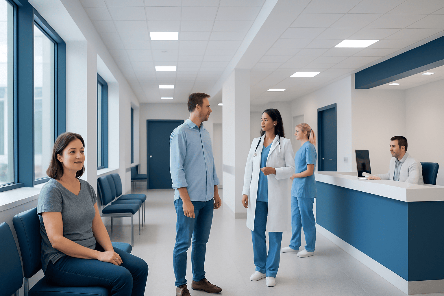 Patients and medical staff in a modern hospital waiting area.