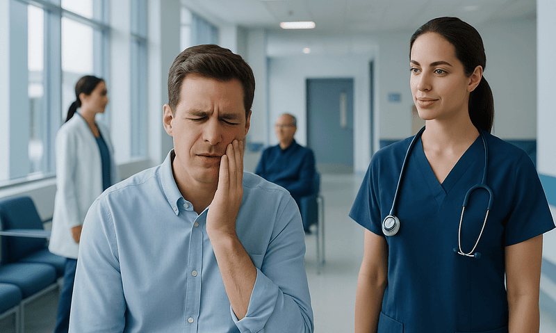 Patient experiencing tooth pain in a hospital corridor with medical staff nearby.