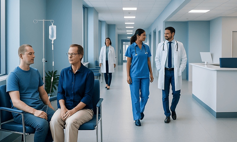 Medical consultation in a hospital corridor with healthcare professionals and patient.