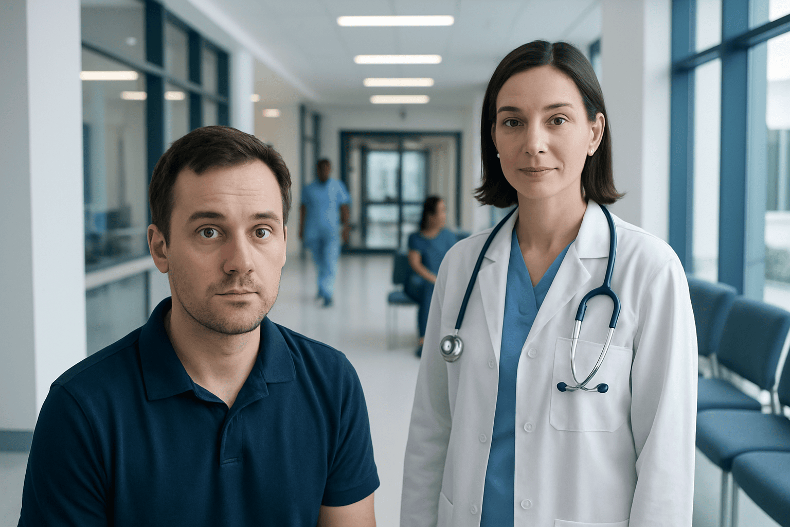 Doctor and patient in hospital corridor, healthcare professionals at Acibadem Hospitals Group.
