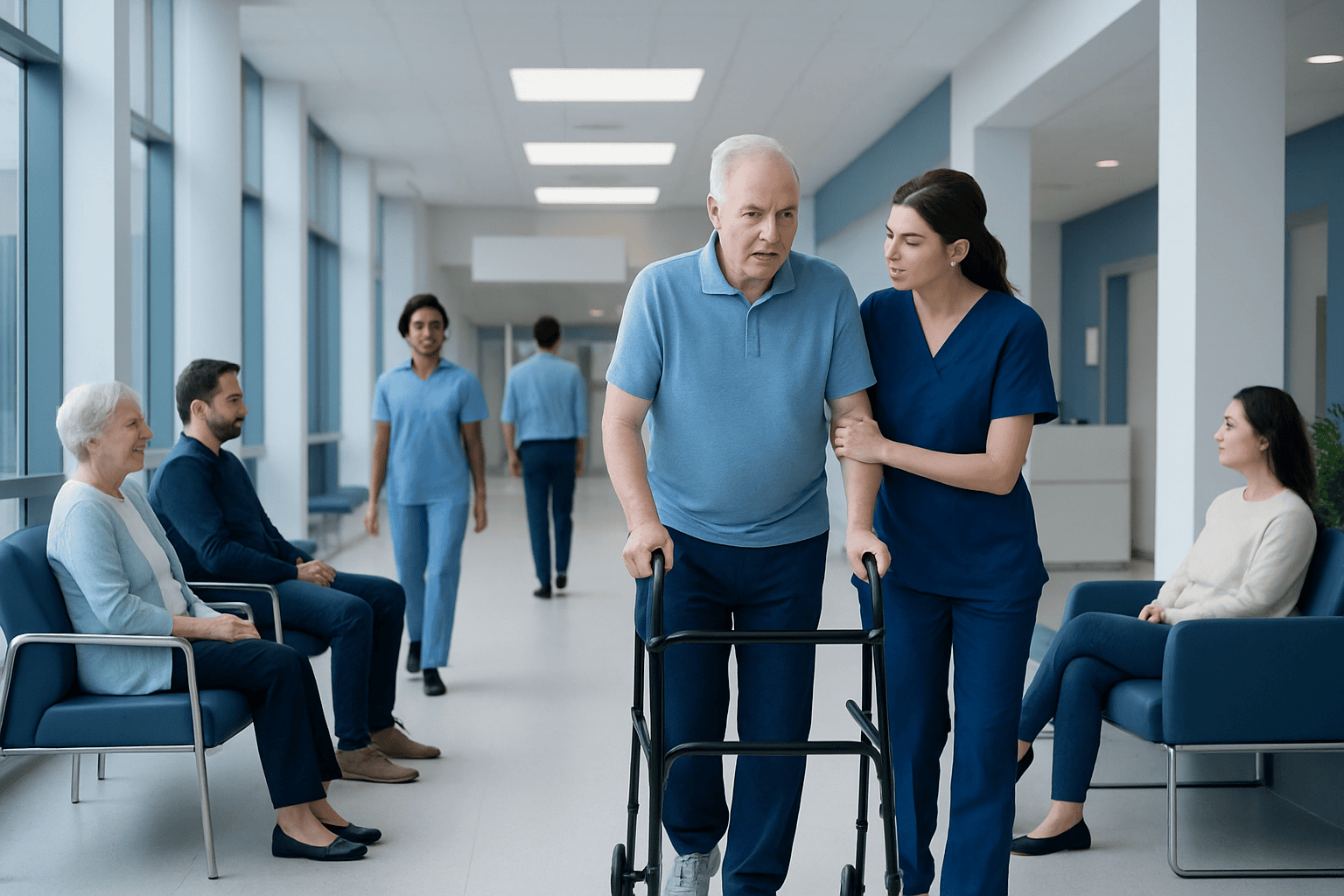 Elderly man with walker being assisted by nurse in hospital corridor.