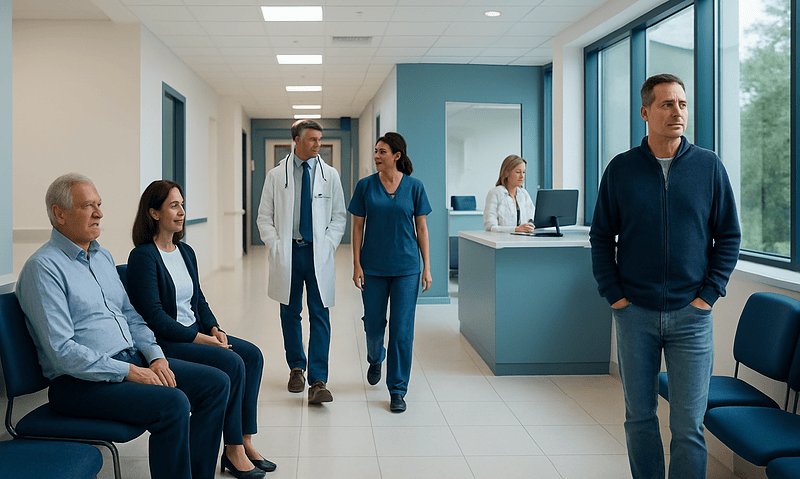 Patients waiting in a modern hospital corridor with medical staff nearby.