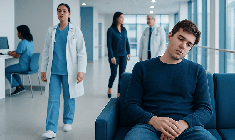 Young man experiencing sleepiness in a hospital waiting area.