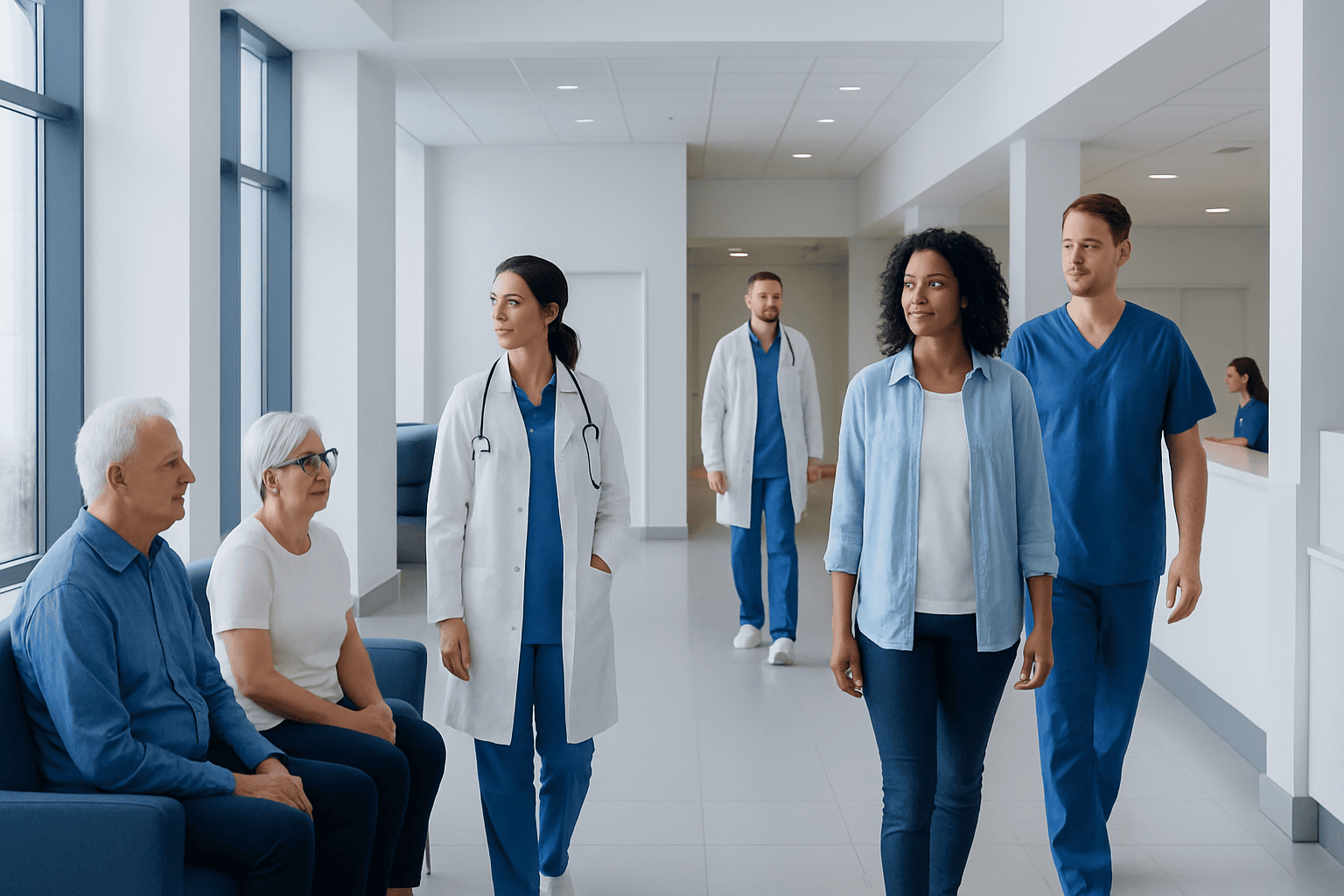 Medical team and patients in a hospital corridor at Acibadem Hospitals Group.