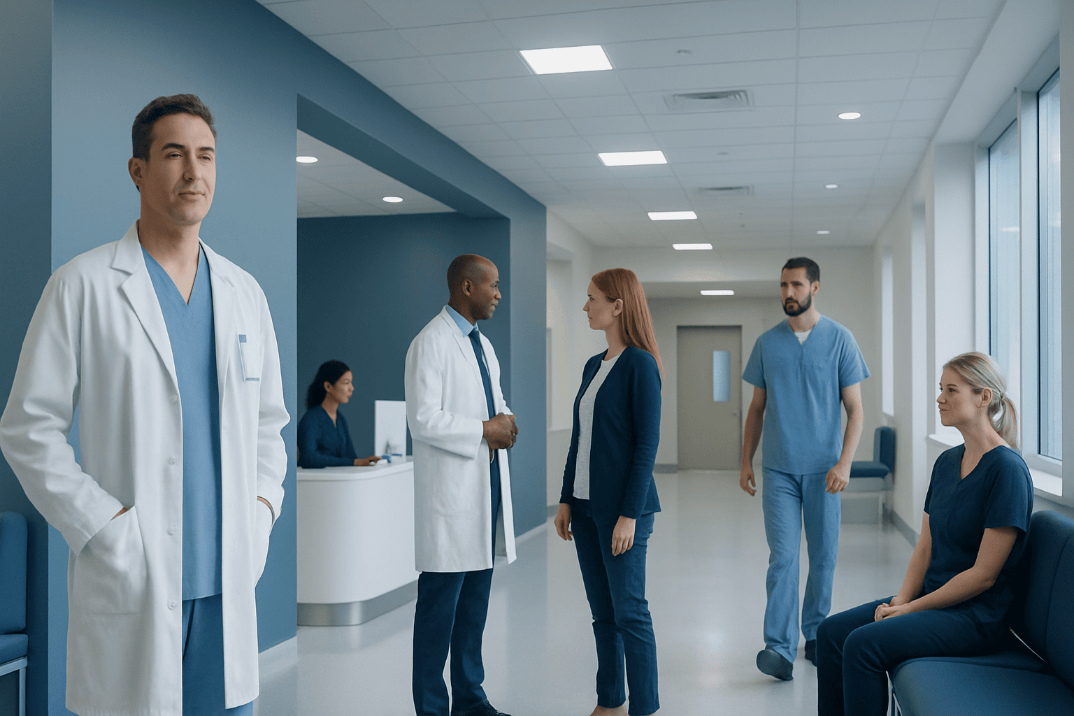 Medical team consulting patients in a modern hospital corridor.