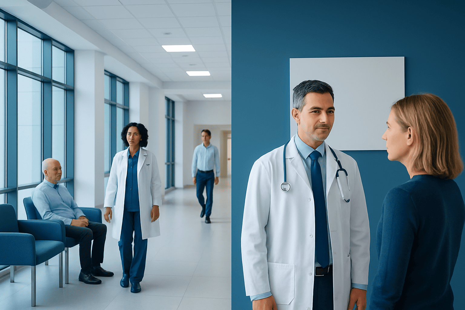 Doctors and patients in a modern hospital corridor.