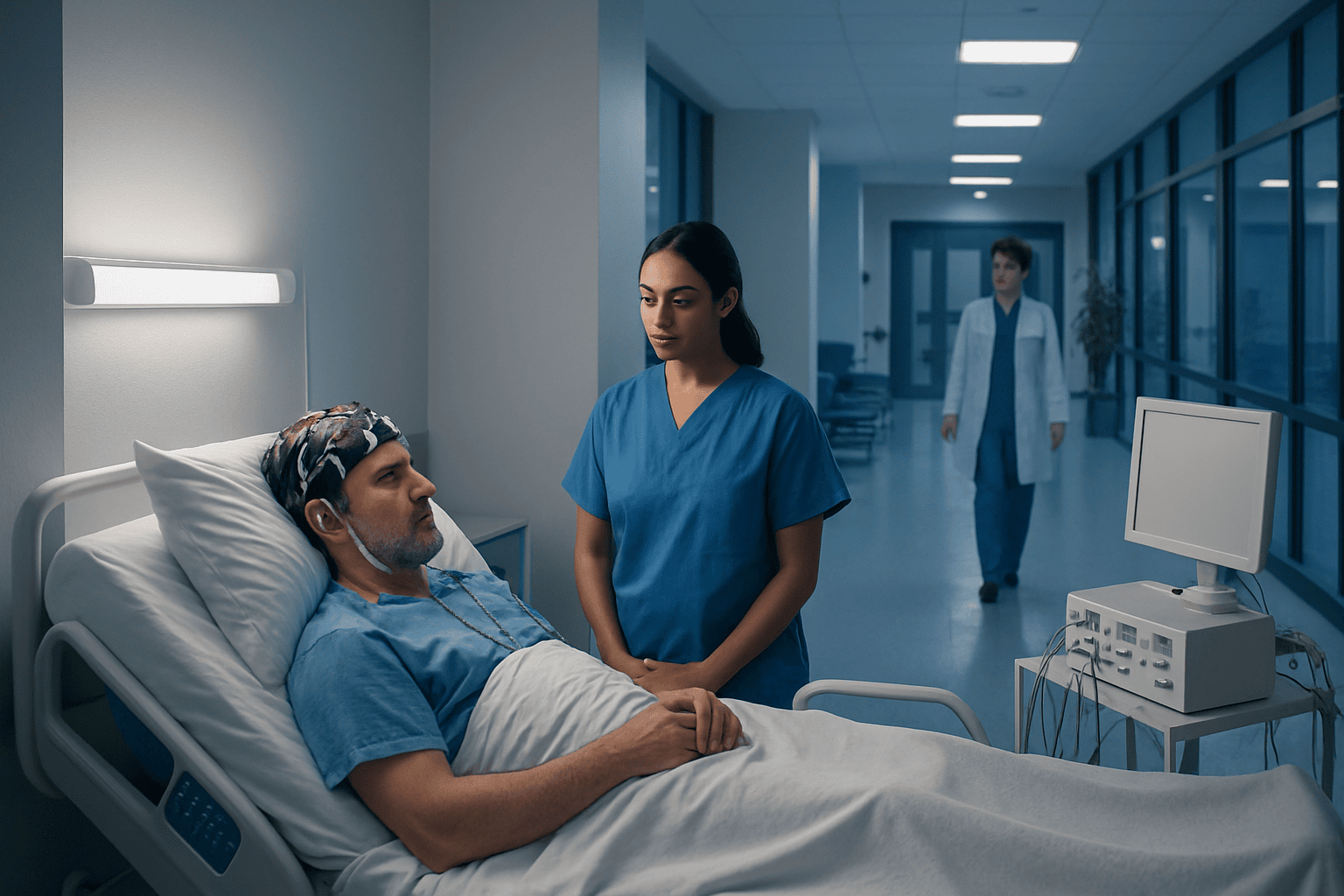 Patient undergoing sleep study with EEG monitoring at Acibadem Hospital.