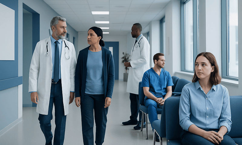 Medical team consulting with patient in hospital corridor.
