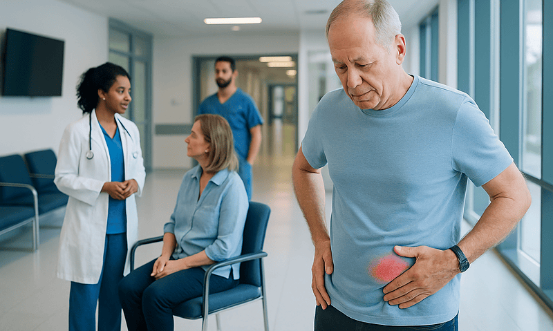 Older man experiencing hip pain in a hospital corridor.