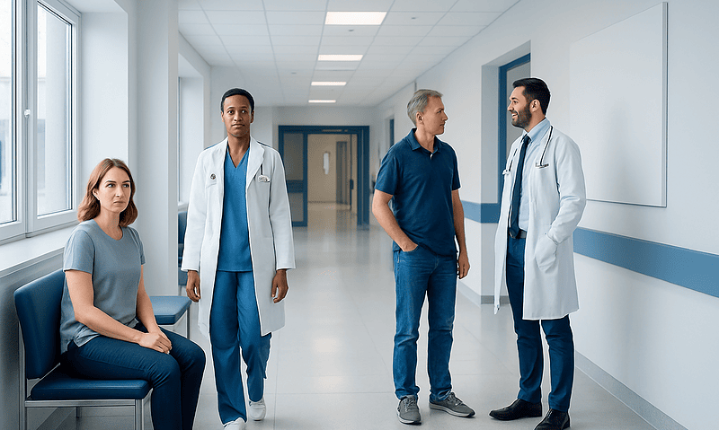 Medical team discussing patient care in hospital corridor.
