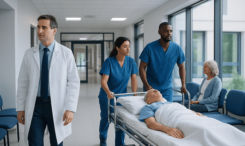 Medical team prepares stroke patient for treatment in hospital corridor.