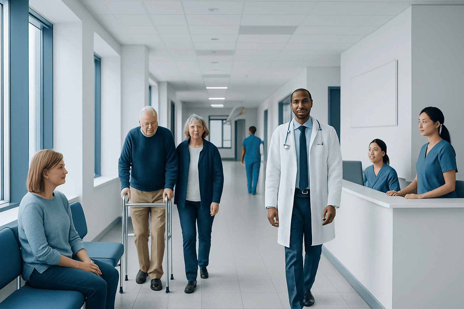 Medical staff and patients in a modern hospital corridor.