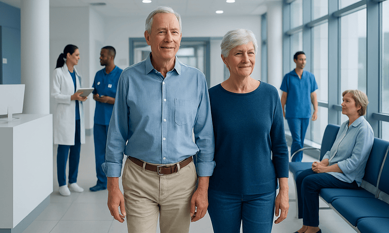Elderly couple walking in hospital corridor with medical staff in background.