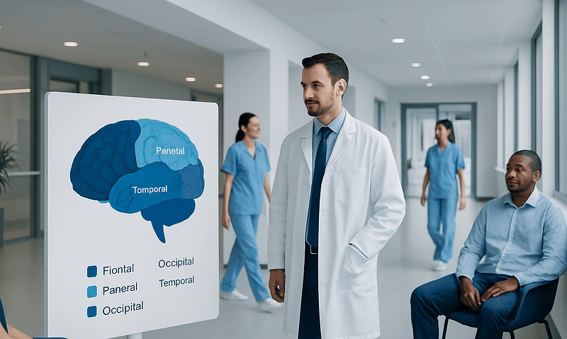 Medical professional explaining brain lobes to patients in hospital corridor.