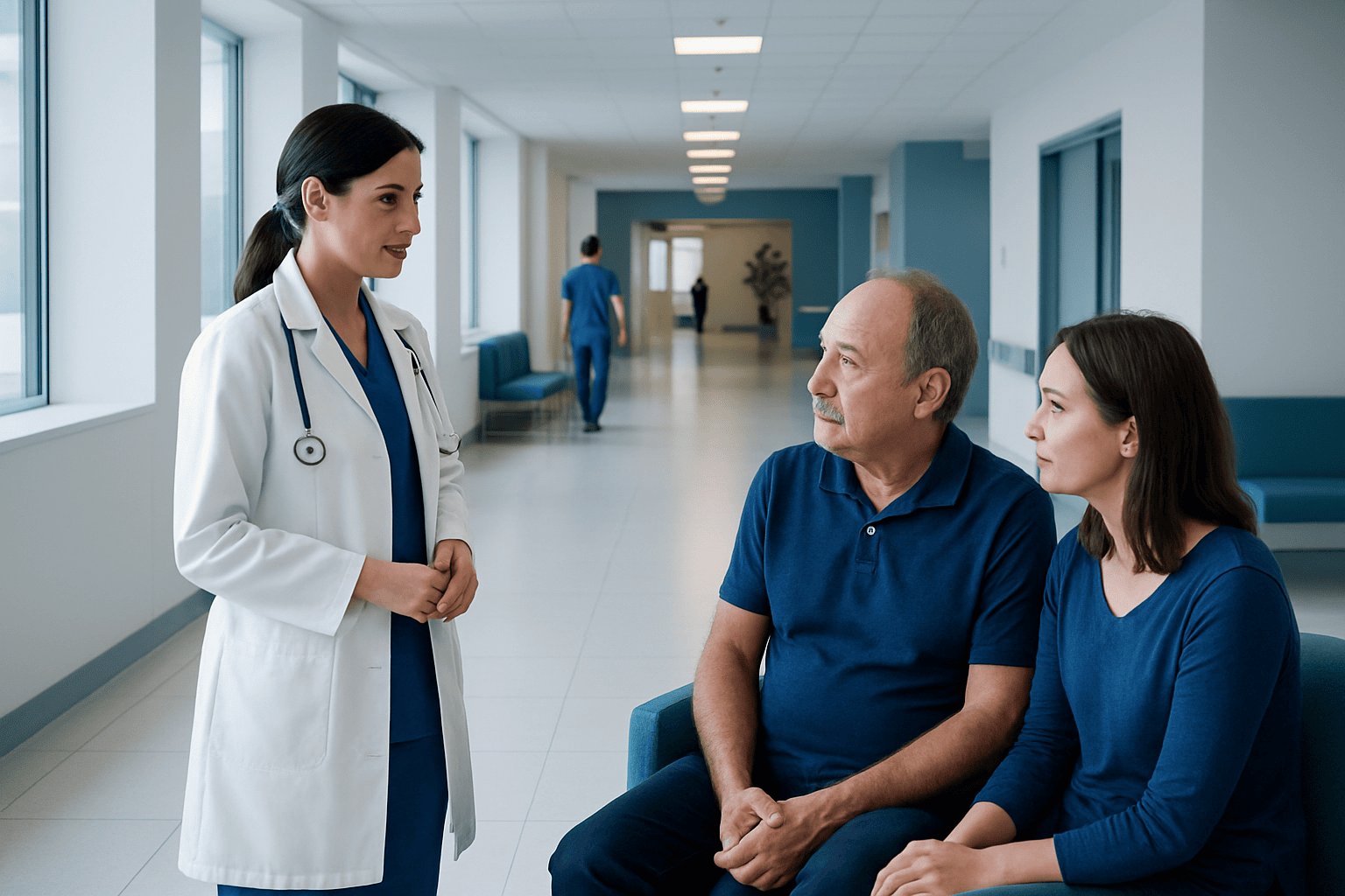 Doctor consulting with a patient and companion in hospital corridor.