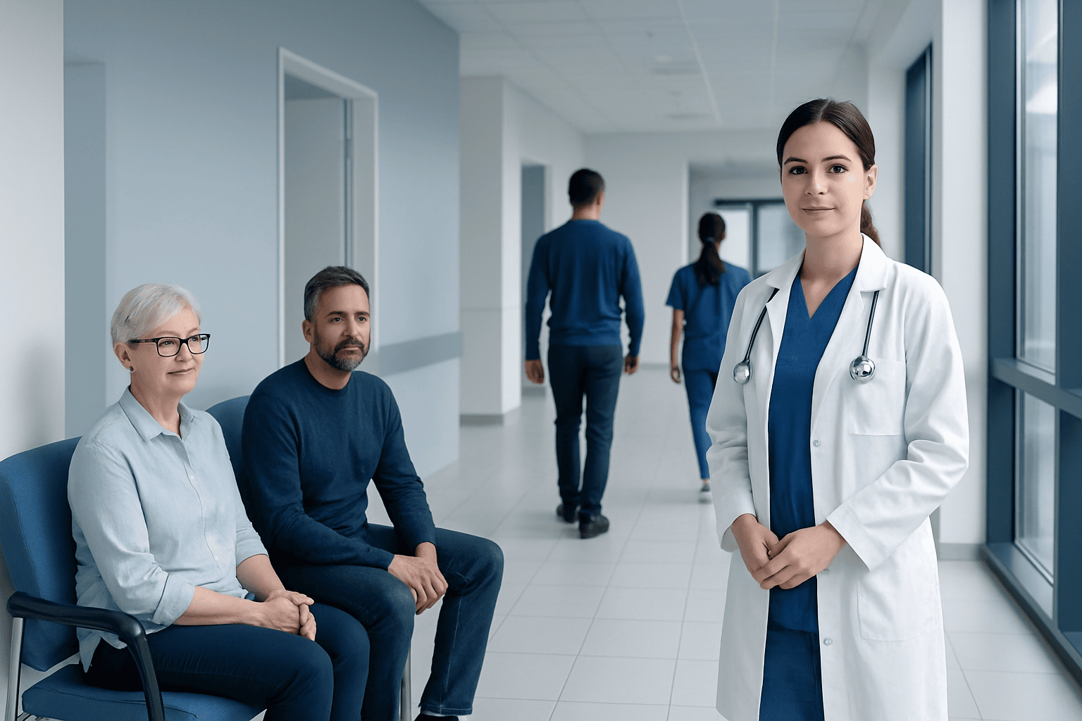 Healthcare professionals and patients in a hospital corridor.