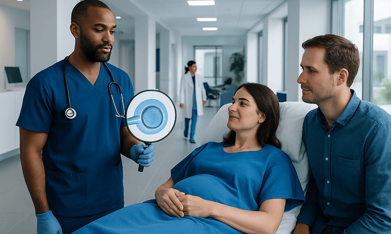 Doctor explaining embryo transfer process to a patient and partner in a hospital.