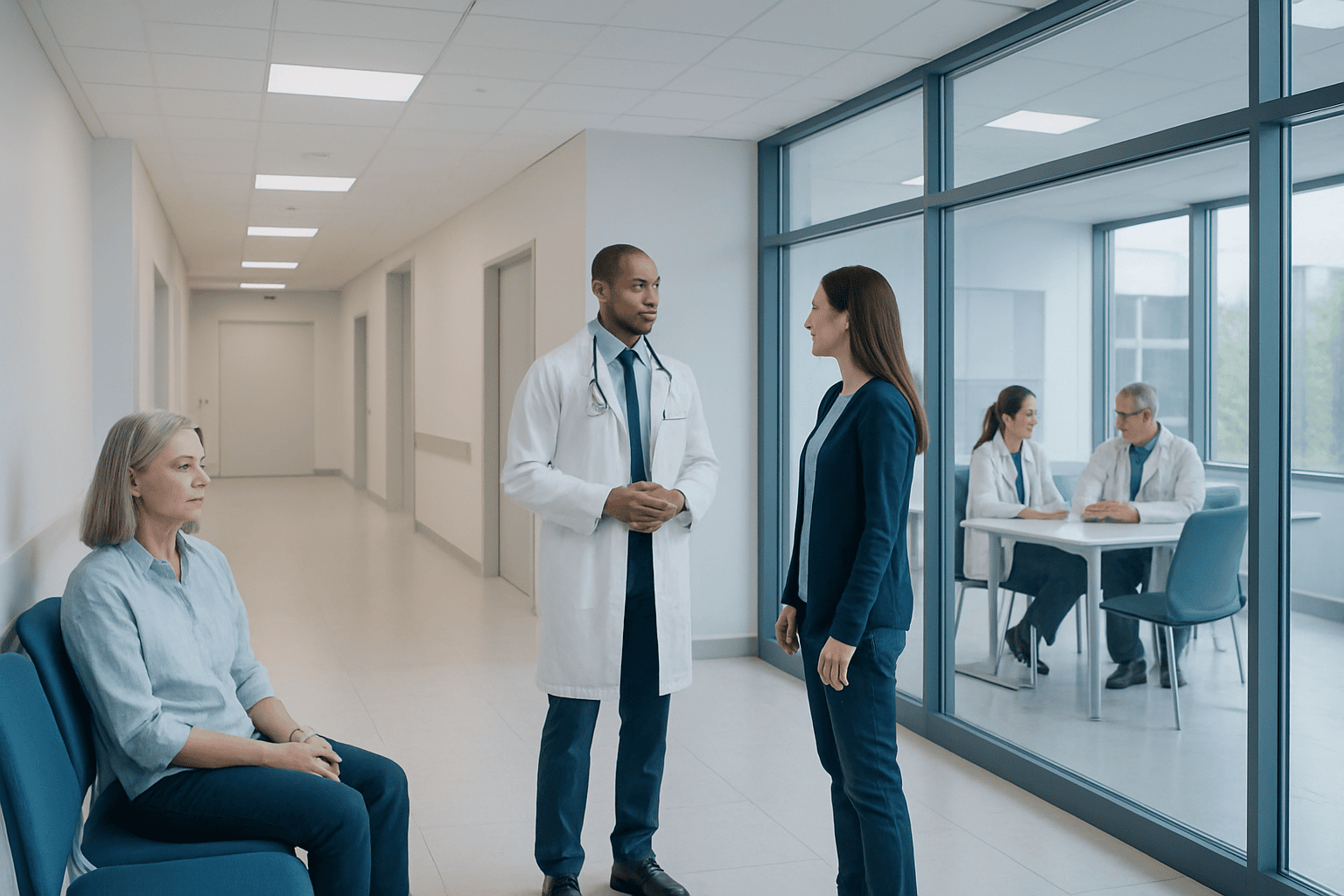 Doctor discussing with patient in hospital corridor before neuromodulation procedure.