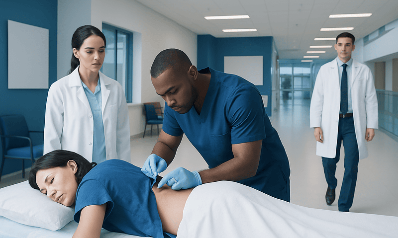 Doctor performs lumbar puncture on patient in hospital setting.