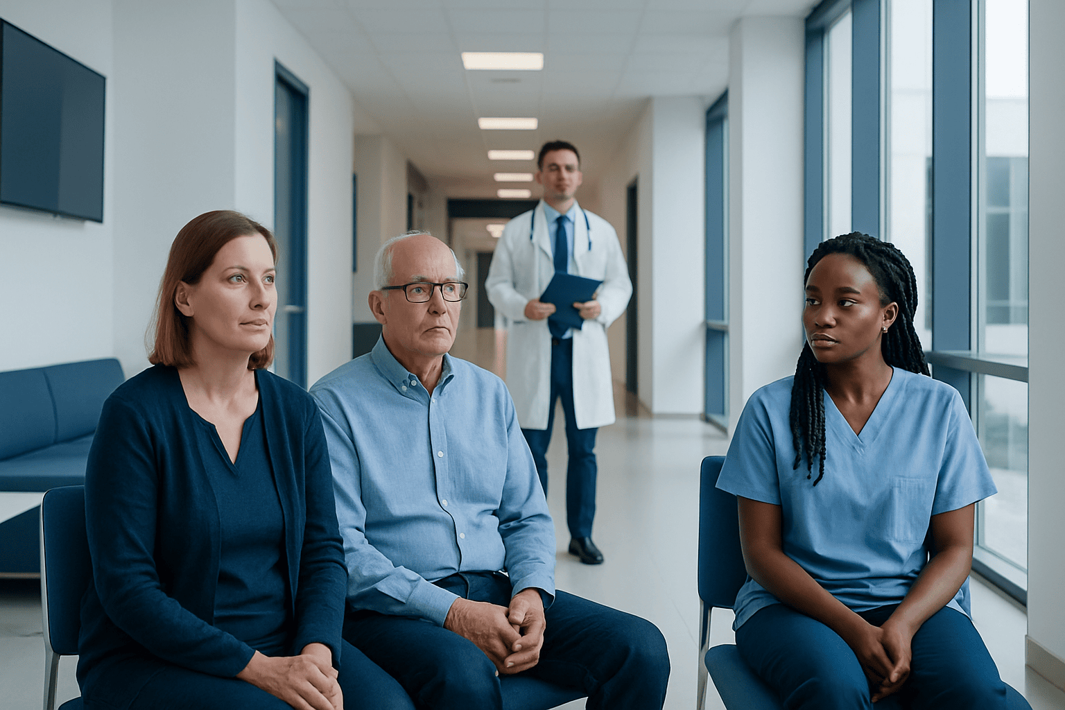 Patients waiting in a hospital corridor for neurological consultation.