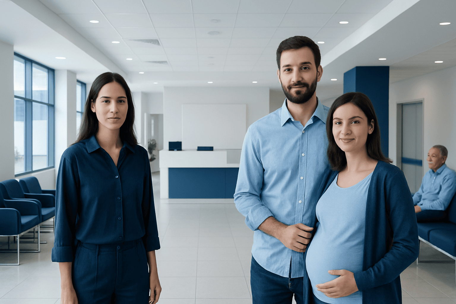 Pregnant woman with partner and healthcare professional in hospital lobby.
