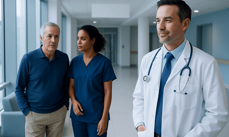 Doctor talking to elderly patient and nurse in hospital corridor.