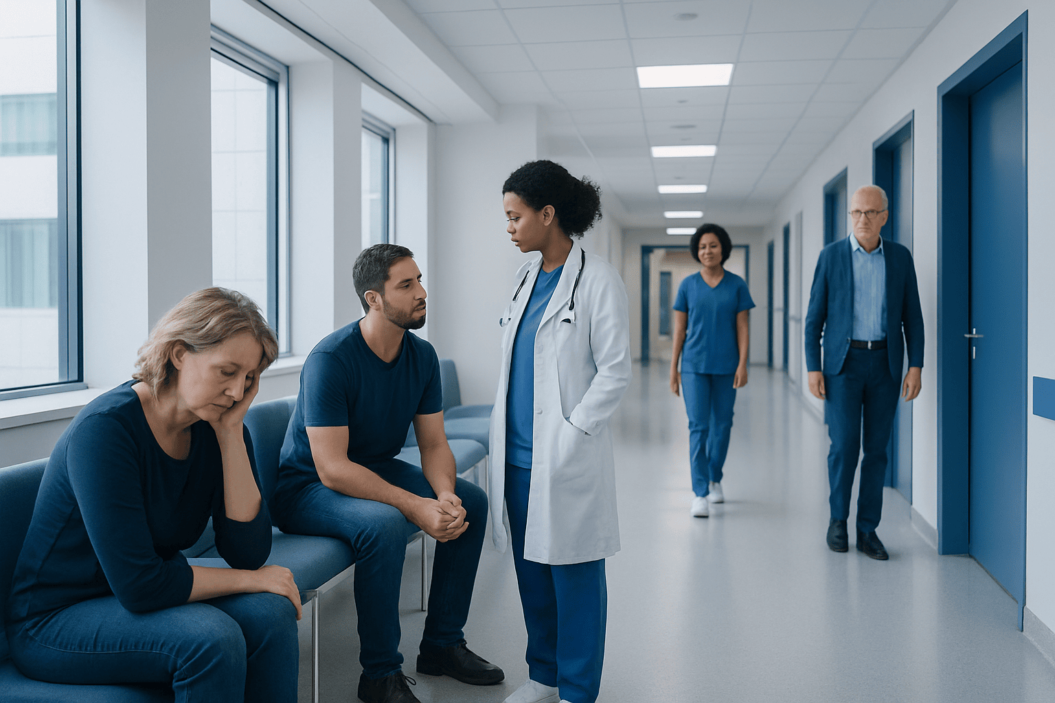 Patients and healthcare professionals in a hospital corridor.