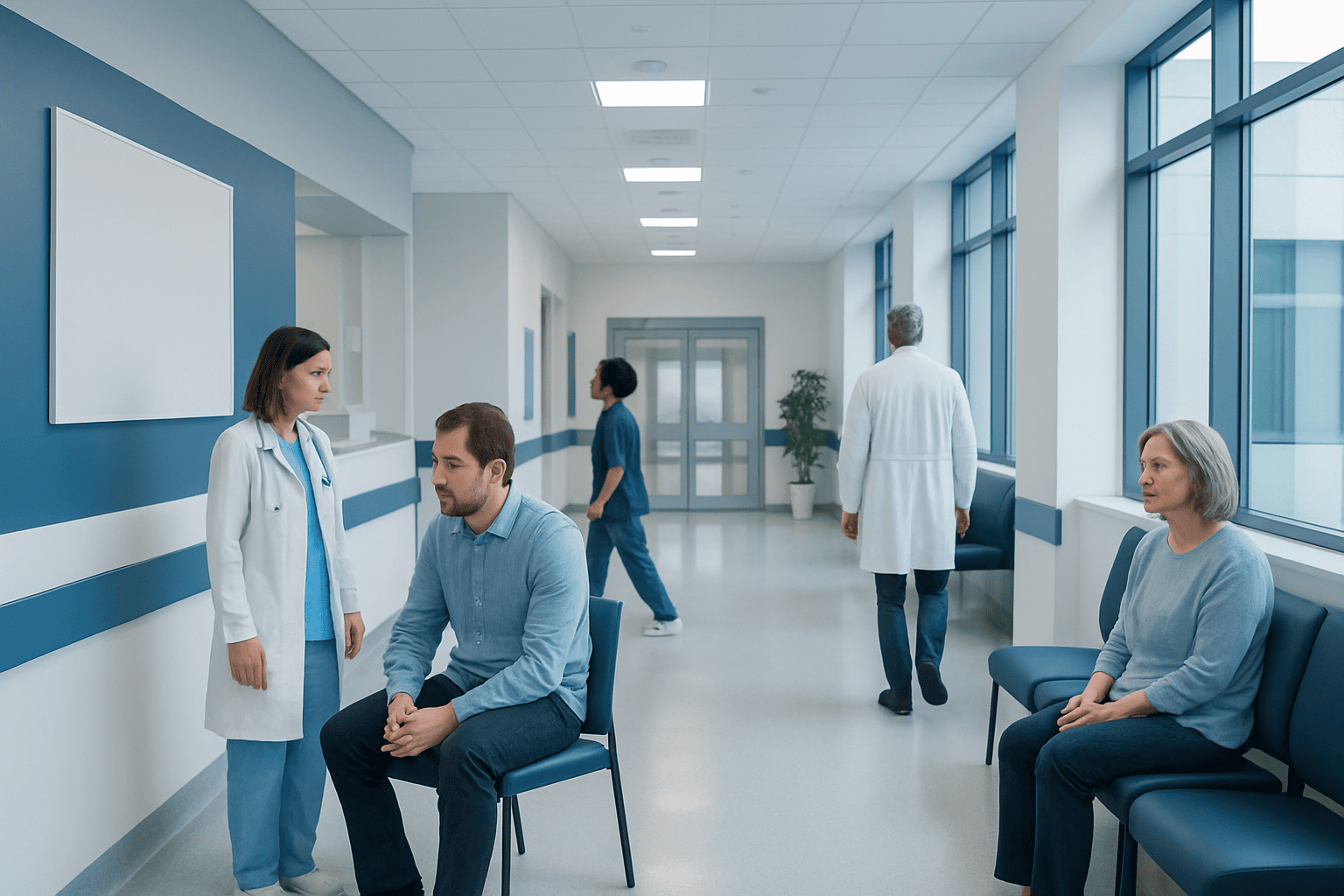 Medical professionals and patients in a hospital corridor.