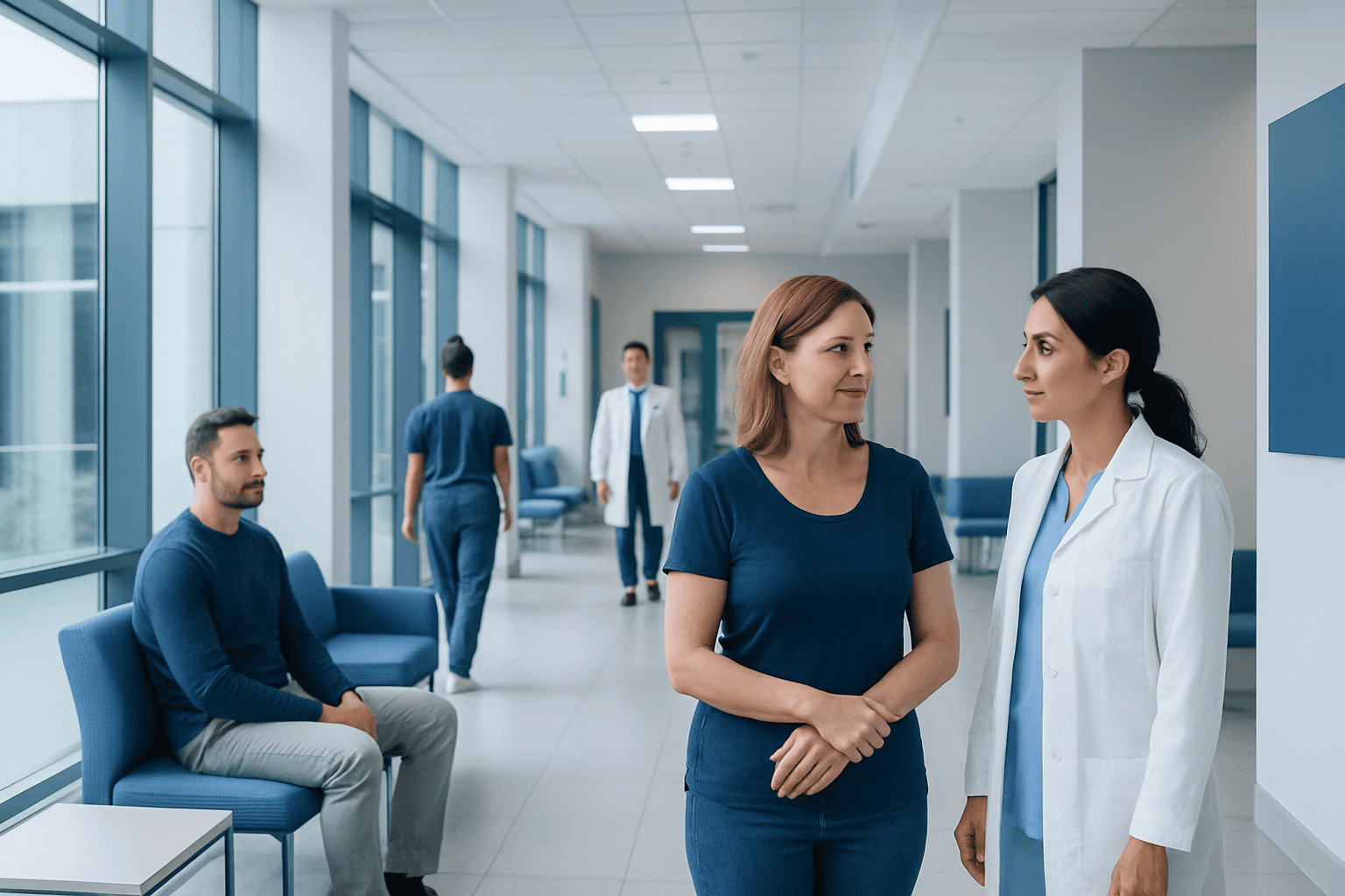 Hospital corridor with patients and medical staff engaging in conversation.