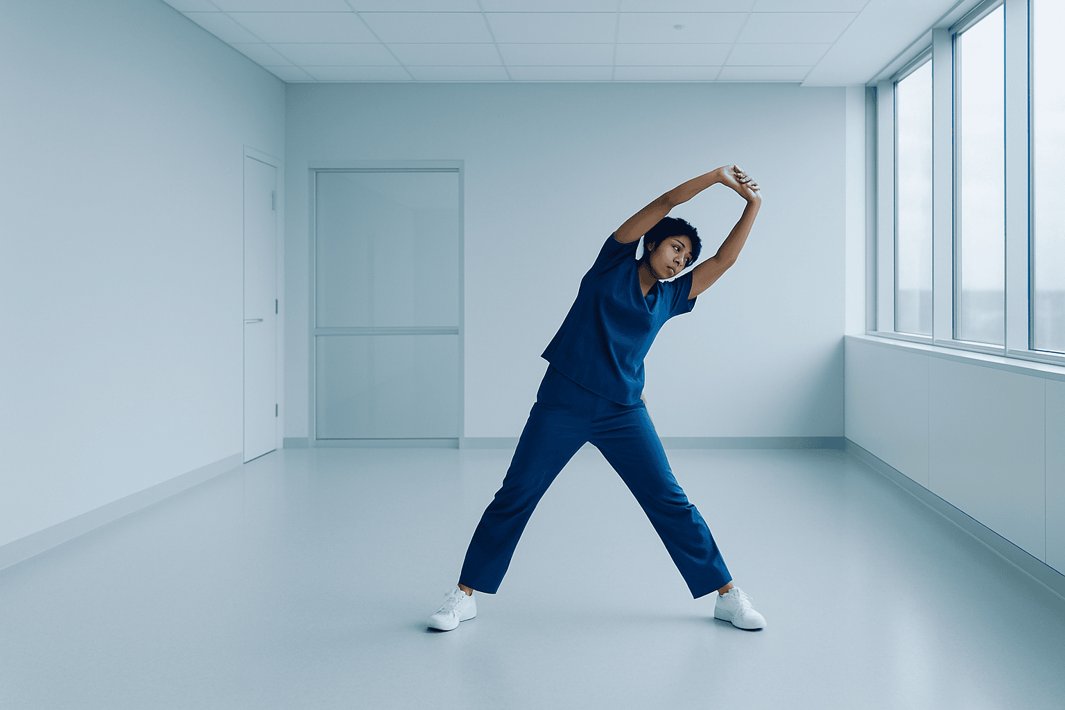 Young woman stretching in a bright, empty room with large windows.