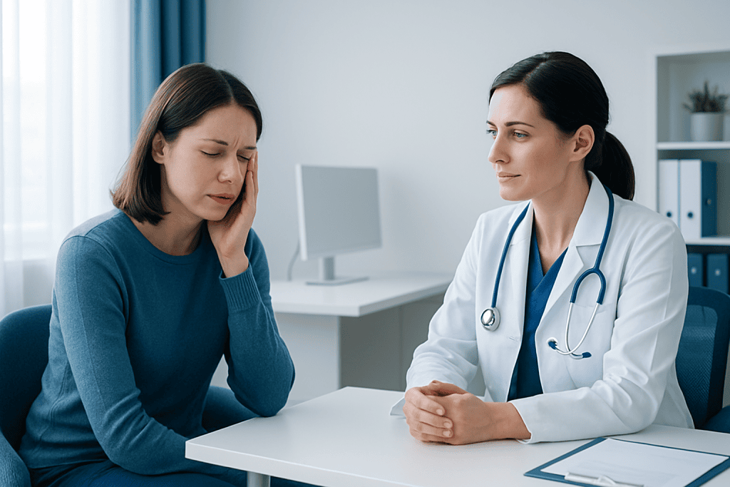 Patient experiencing facial pain during consultation with doctor.