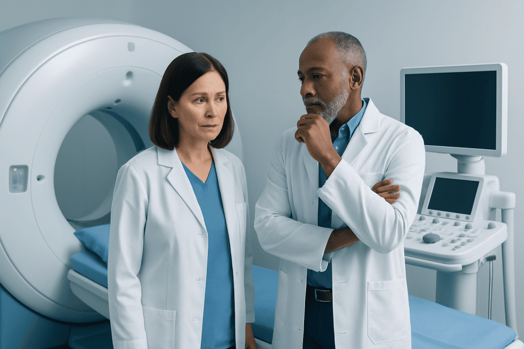 Medical professionals discussing in a hospital MRI room.