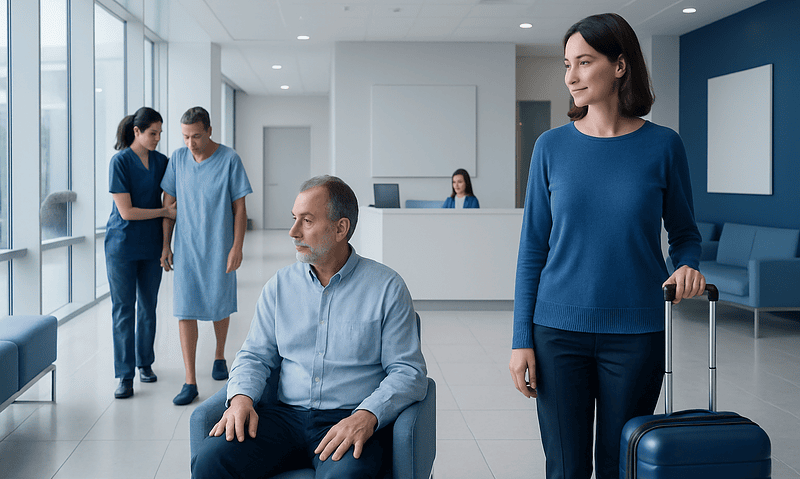 Patients and staff in hospital waiting area at Acibadem Hospitals Group.