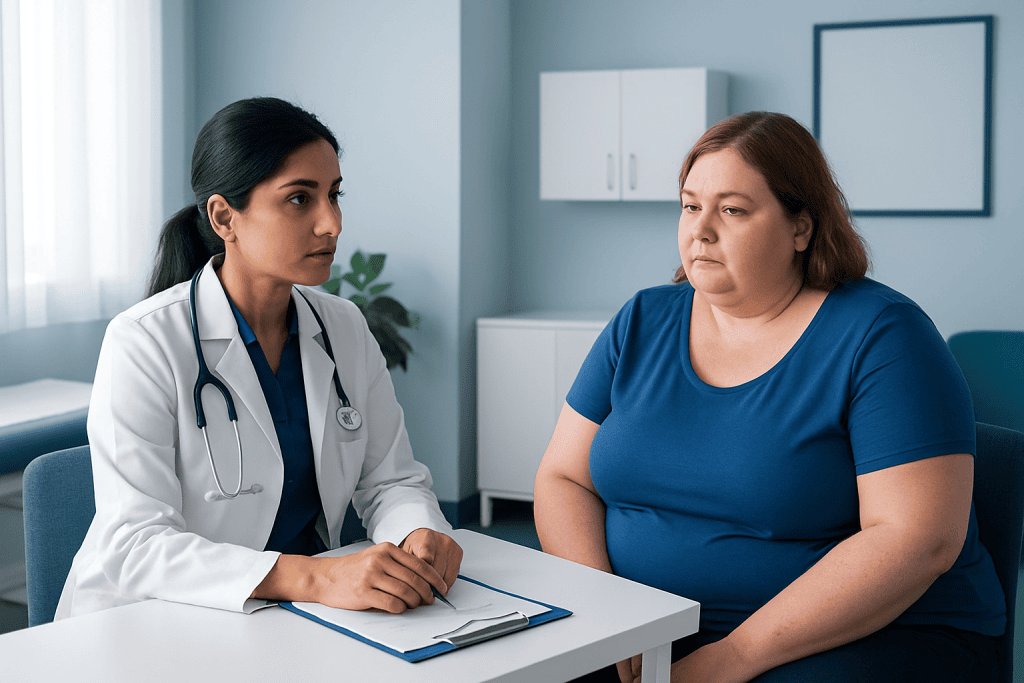 Doctor consulting with a patient about gastric sleeve surgery options.