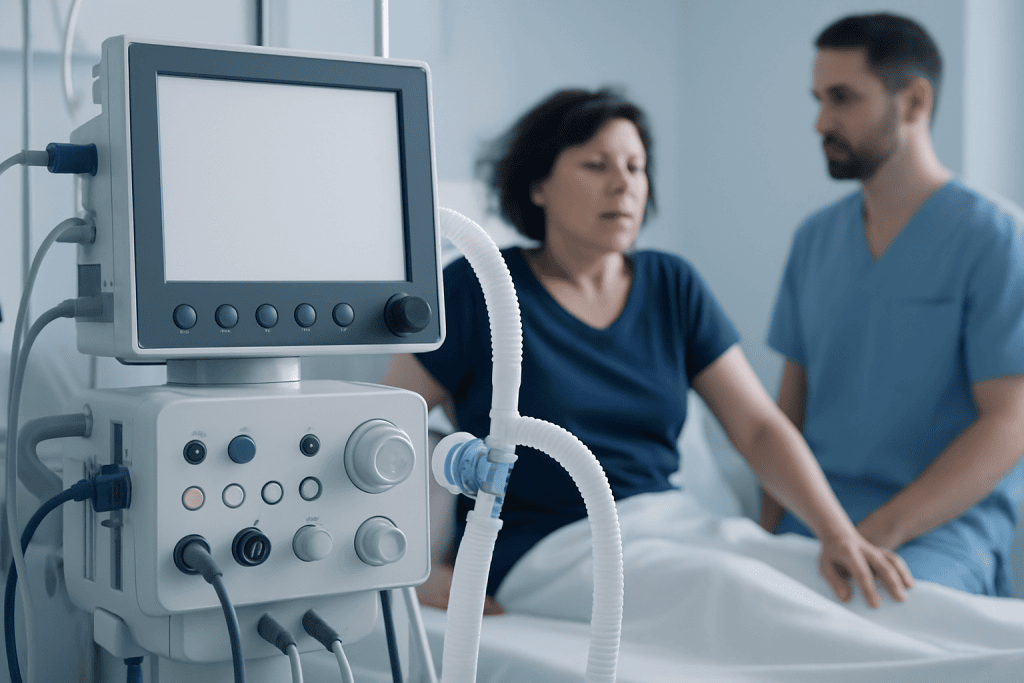 Medical ventilator in hospital room with patient and healthcare professional.
