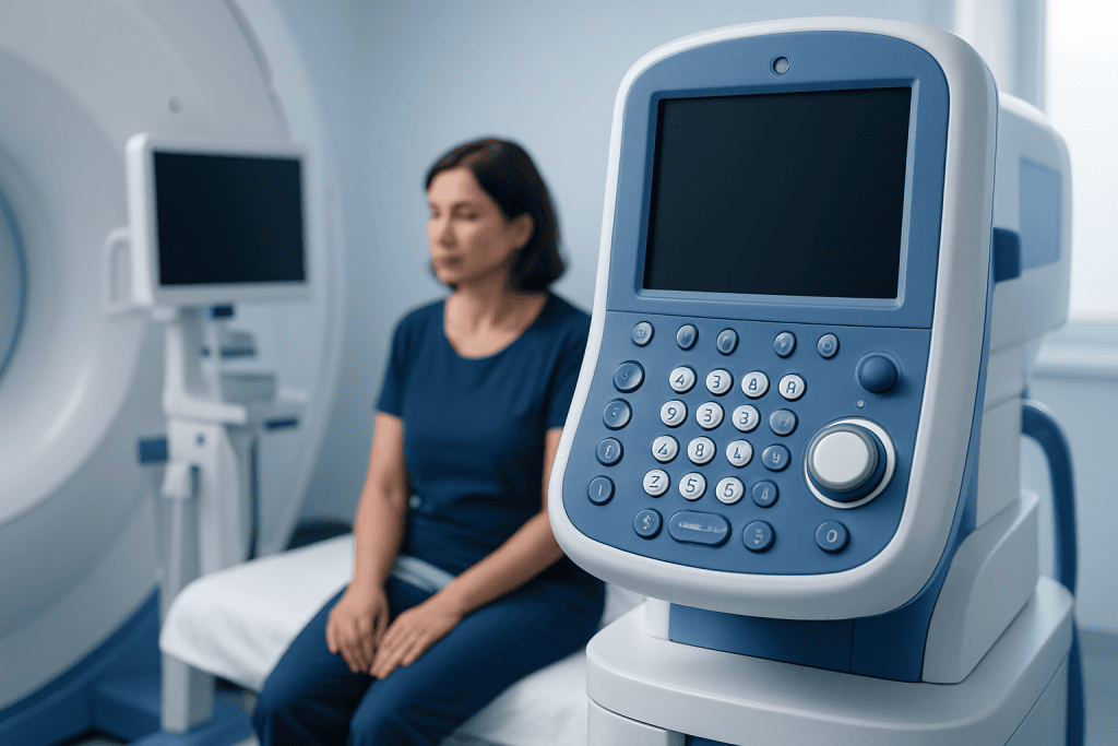 Medical imaging device in a hospital room with a patient sitting nearby.