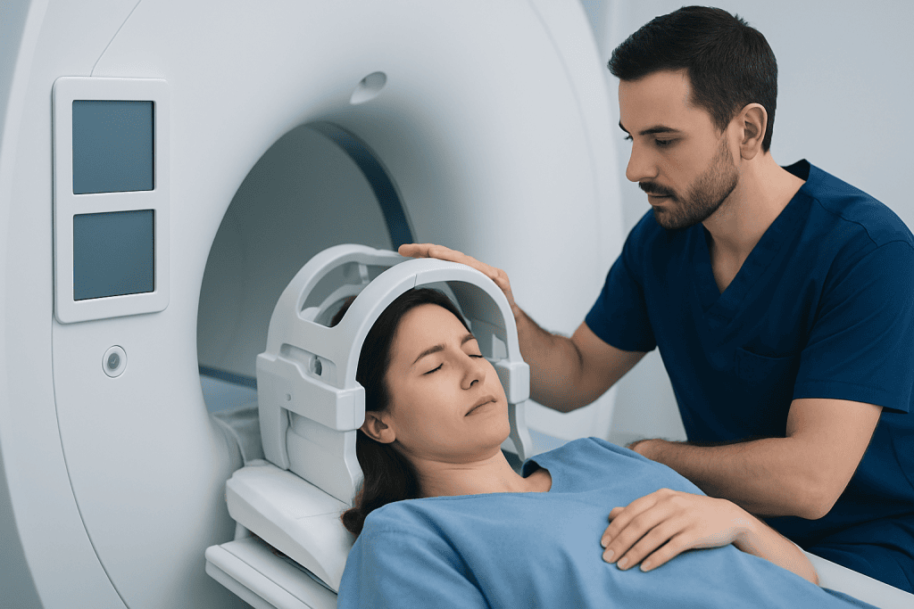Patient undergoing neurophysiology test in a medical facility.