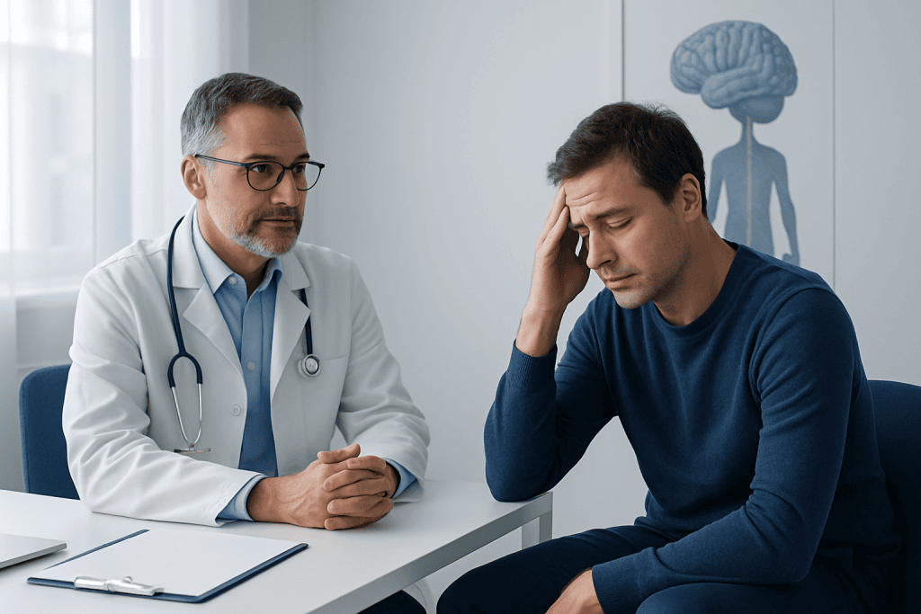 Doctor consulting with a patient experiencing headache or sleep issues.