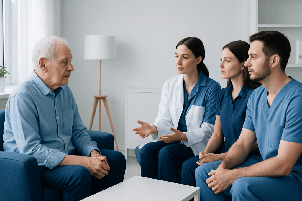Medical team consulting with elderly patient in a hospital setting.