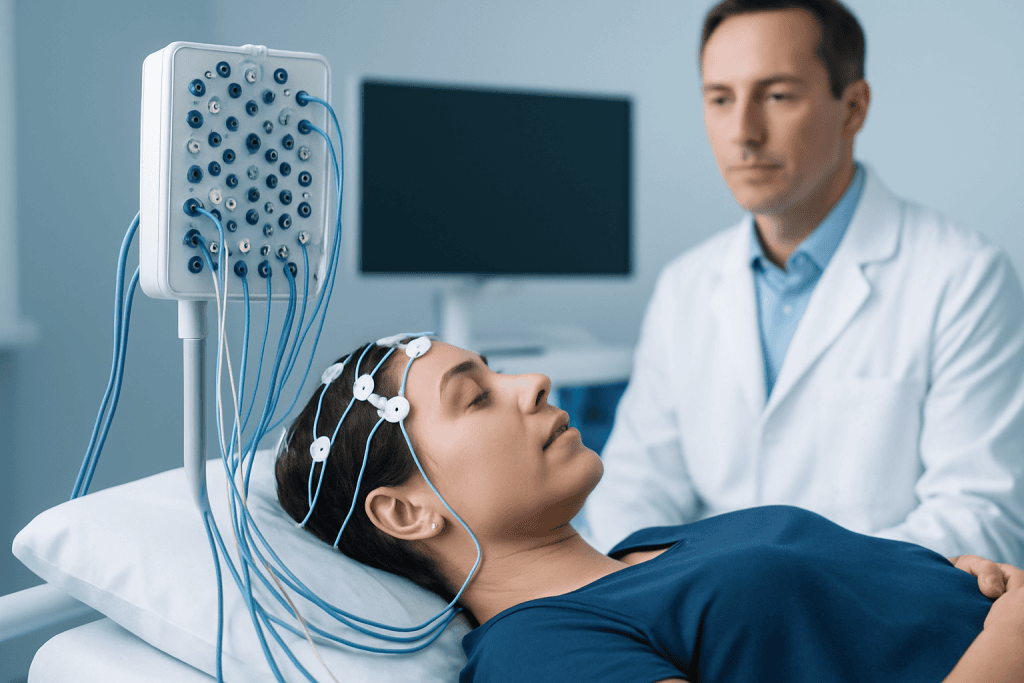 Patient undergoing a sleep study with EEG monitoring at Acibadem Hospitals.