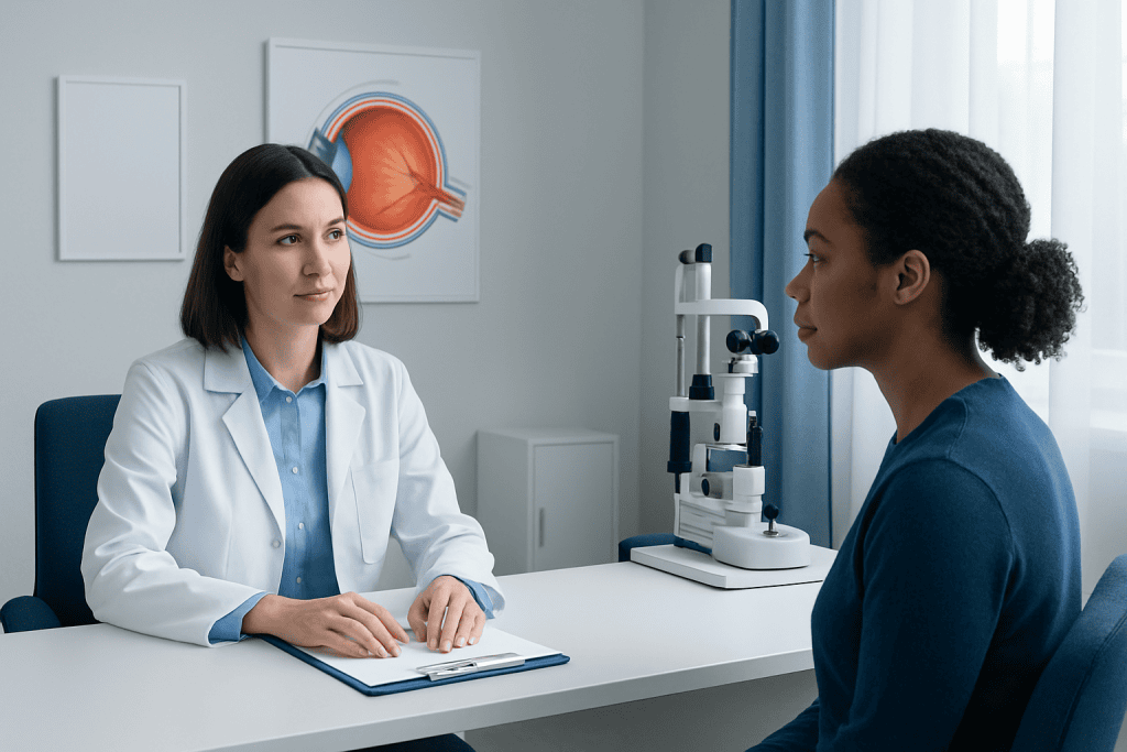 Ophthalmologist consulting a patient in a medical office.