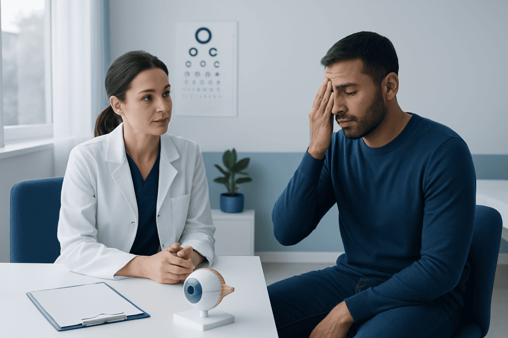 Patient experiencing eye discomfort during consultation at Acibadem Hospital.