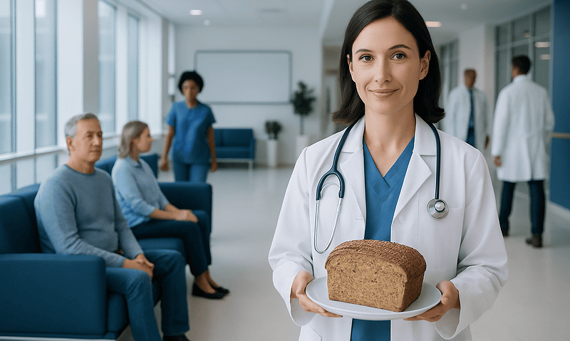 Doctor holding a loaf of bread in a hospital waiting area.
