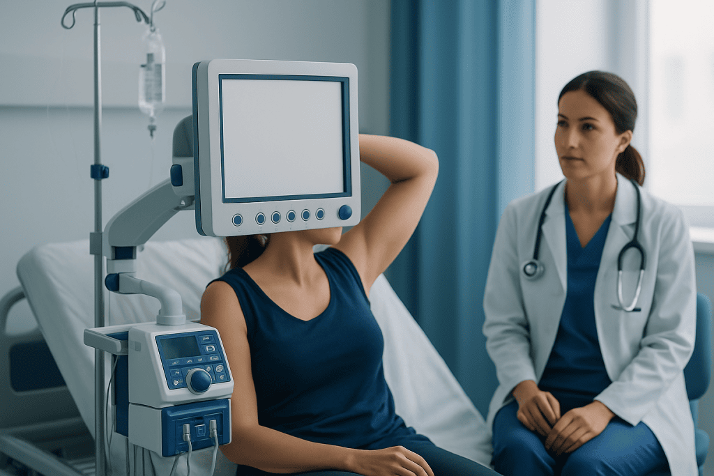 Medical consultation with a patient and doctor in a hospital room.
