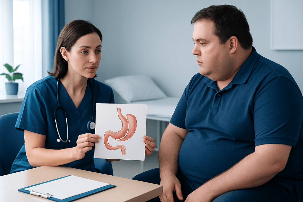 Doctor explains gastric sleeve surgery to patient with stomach model.