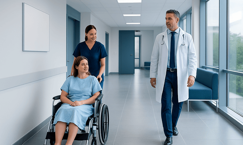 Doctor and nurse with patient in wheelchair in hospital corridor.